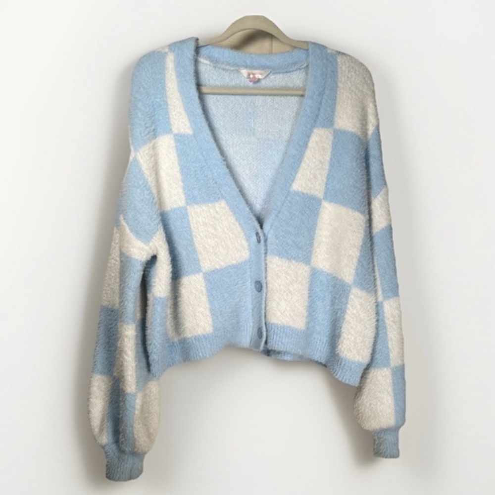 No Boundaries Womens Fuzzy Blue And White Checker Cropped Cardigan Sweater 3XL